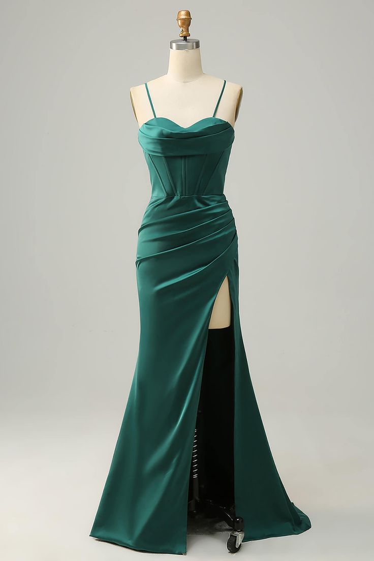 Sexy Mermaid Straps Dark Green Prom Dress Spaghetti Straps Evening Gown