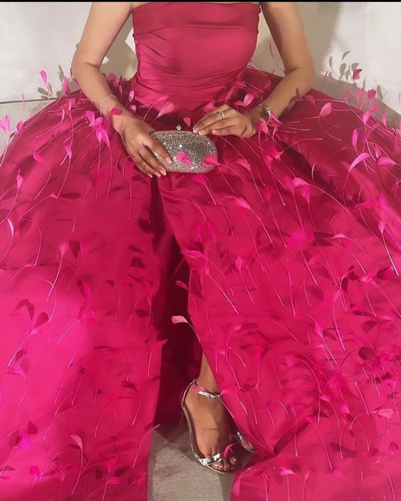 Ball Gown Strapless Hot Pink Long Prom Dress With Feathers