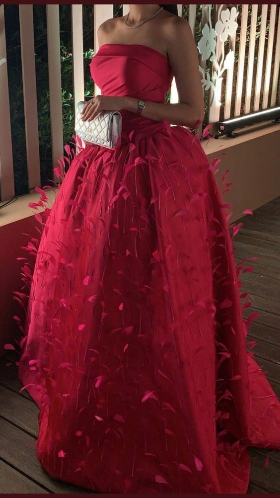 Ball Gown Strapless Hot Pink Long Prom Dress With Feathers
