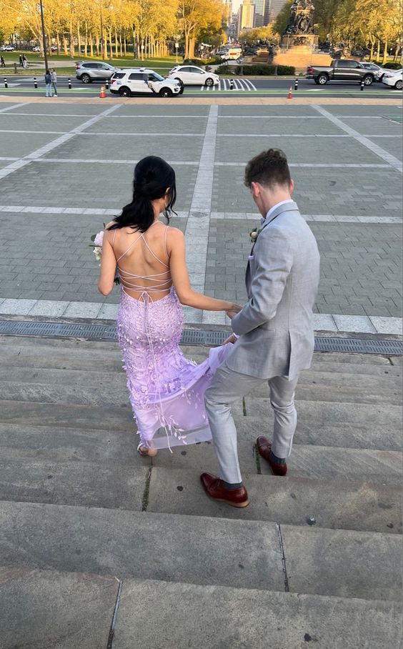 Sexy Mermaid Long Lilac Backless Lace Prom Dress Party Dresses