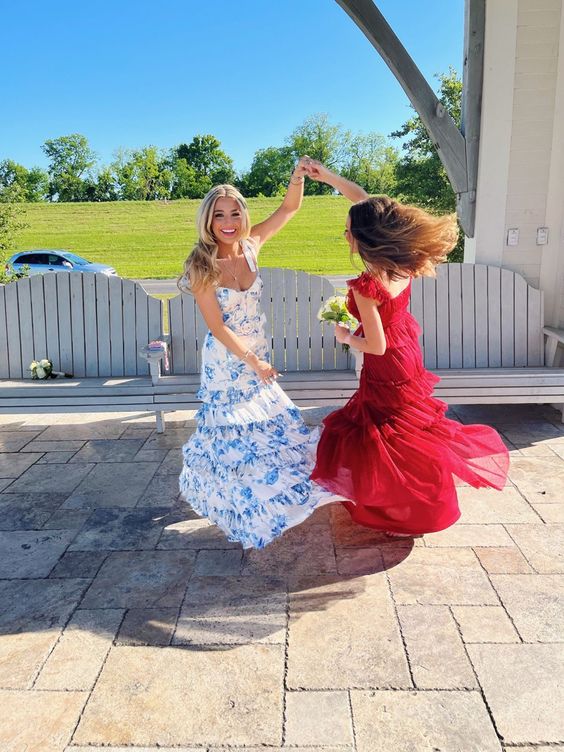 Sexy A line Long Blue Floral Prom Dress Blue and White Party Dresses