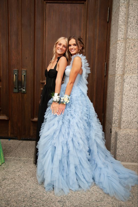 Sky Blue New Style Long Prom Dress Puffy Sleeveless Party Dresses