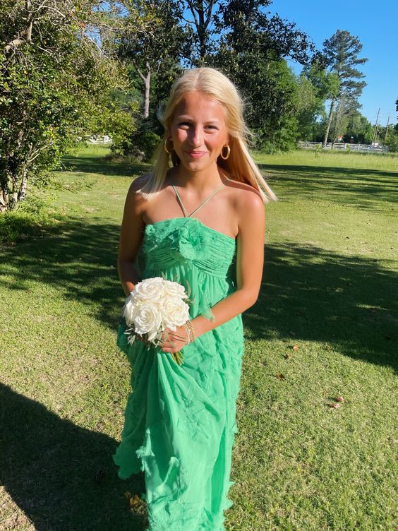 Simple A line Halter Long Green Prom Dress Party Dresses