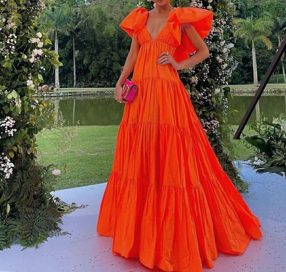 Sexy A line V neckline Organge Prom Dress Long Party Dresses