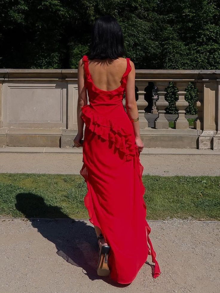 Sexy Red Chiffon Prom Dress Long Ruffle Party Dress