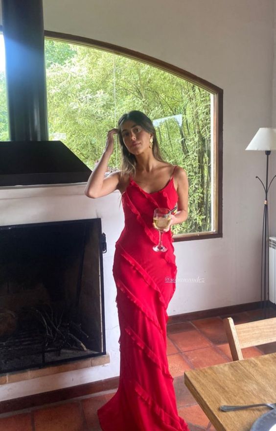 Sexy Red Chiffon Prom Dresses Long Ruffle Party Dress