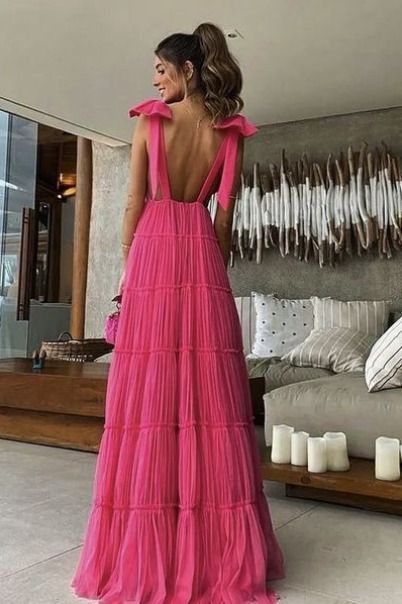 New Hot Pink Backless Long Prom Dress V Neck Formal Gown