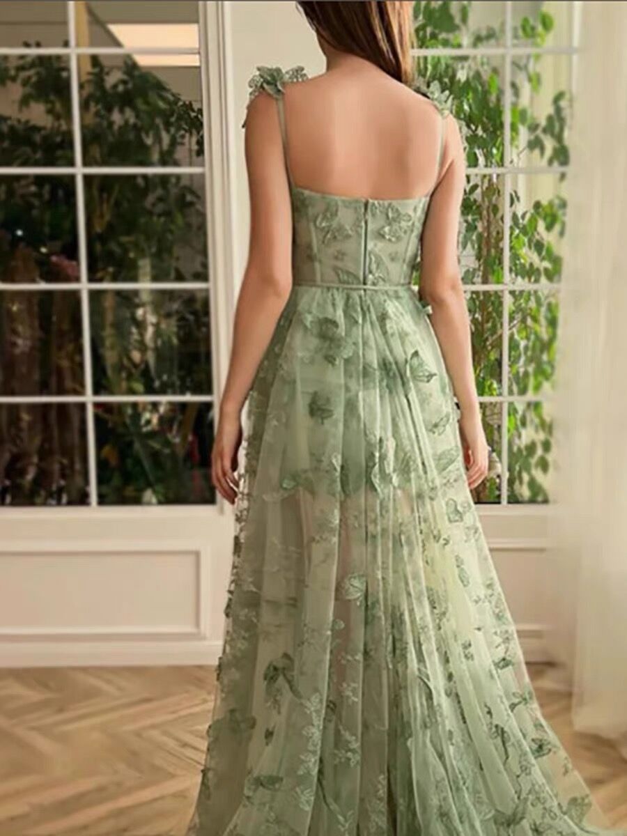 A line Green Corset Long Tulle Prom Dress With 3D Butterflies