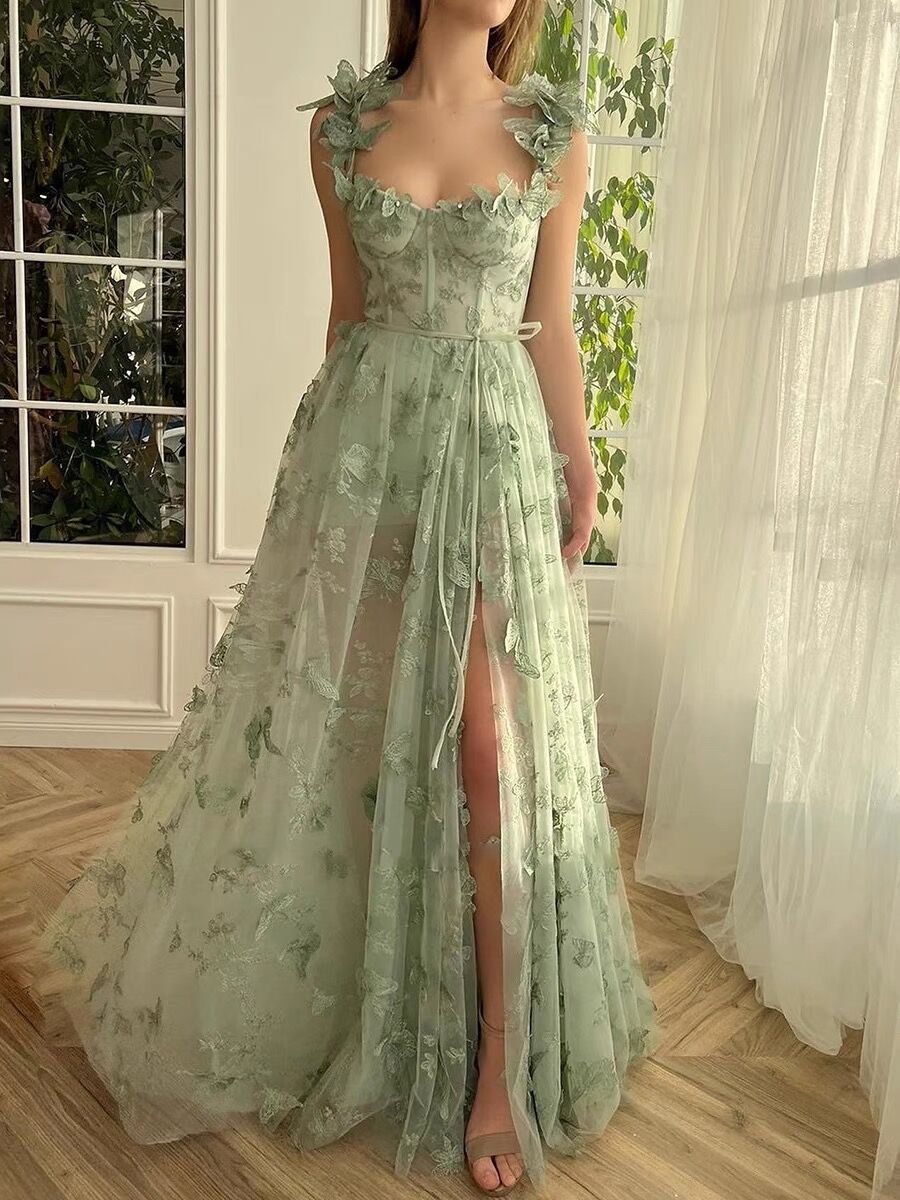 A line Green Corset Long Tulle Prom Dress With 3D Butterflies