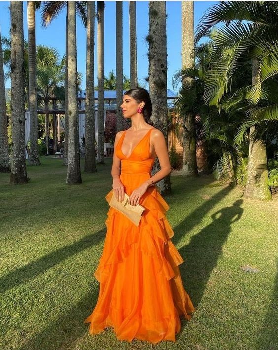 A Line Orange Long Prom Dresses V Neck Formal Dress Outfits