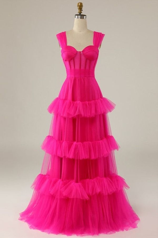 Hot Pink Sweetheart Multi Layers Tulle Prom Dresses Formal Dresses
