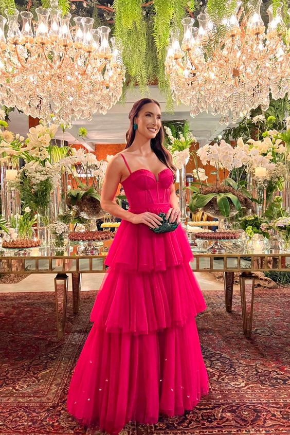 Ball Gown Tiered Hot Pink Prom Dresses Straps Neckline Formal Dress
