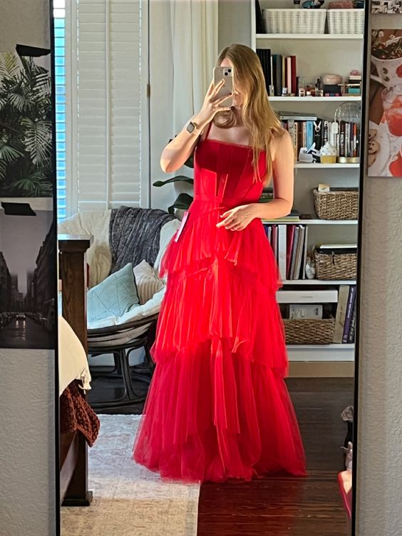 Ball Gown Tiered Red Prom Dresses Straps Neckline Formal Dress