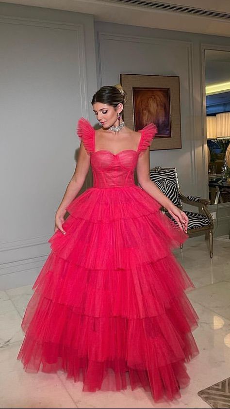 Hot Pink Tulle A-line Straps Long Evening Prom Dresses