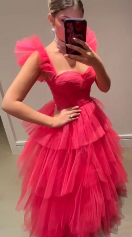 Hot Pink Tulle A-line Straps Long Evening Prom Dresses