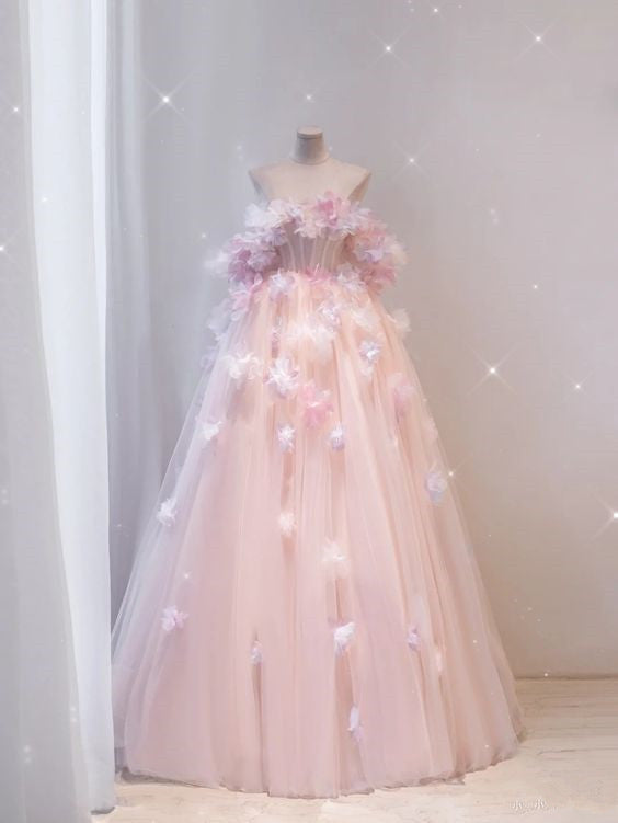 Fairy Ball Gown Strapless Pink Tulle Prom Dresses Long Party Dress