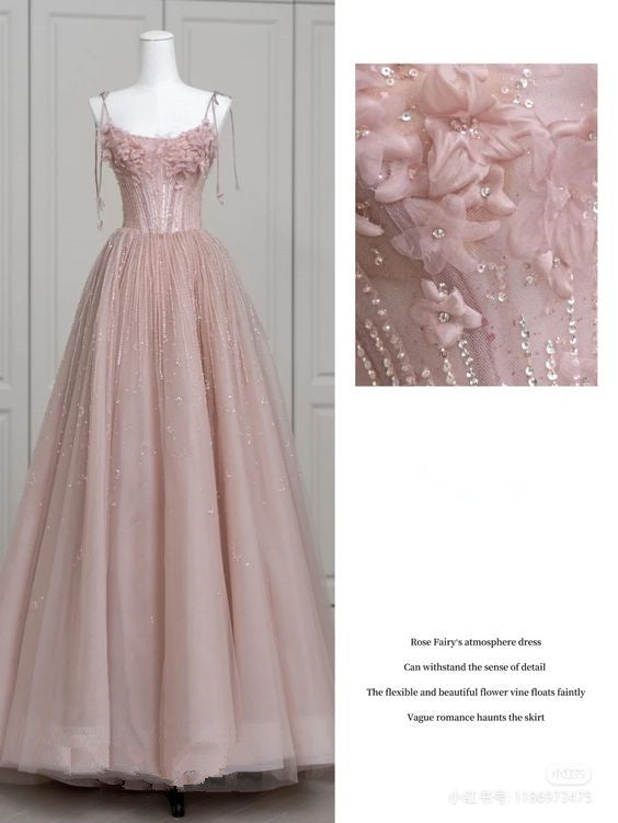 Fairy Ball Gown Straps Pink Tulle Prom Dresses Long Evening Dress