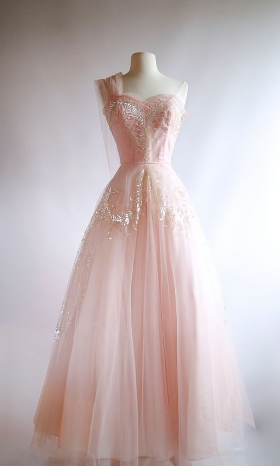 Fairy Ball Gown One Shoulder Pink Lace Prom Dresses Ankel Length Evening Dress