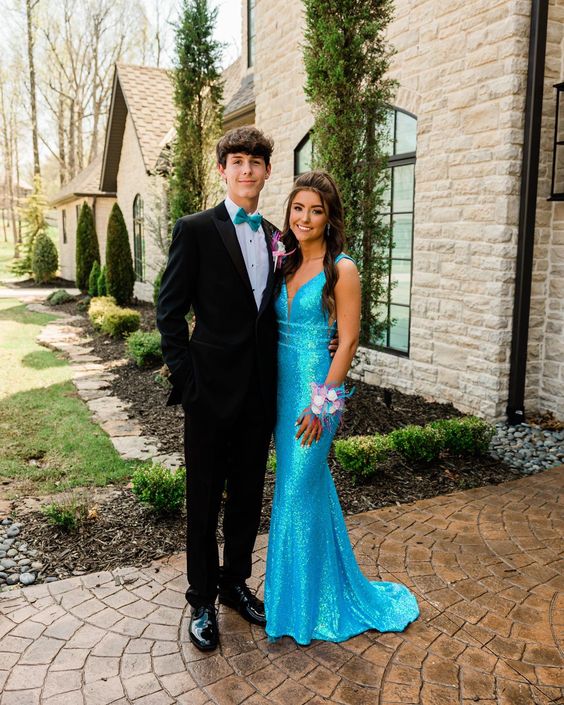 Sexy Mermaid V neckline Blue Sequin Prom Dresses Evening Dress