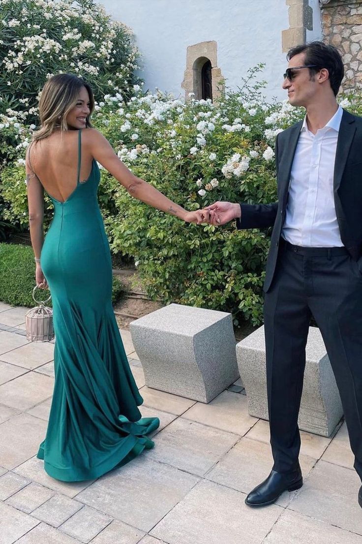 Sexy Mermaid Straps Dark Green Backless Prom Dresses Evening Dress