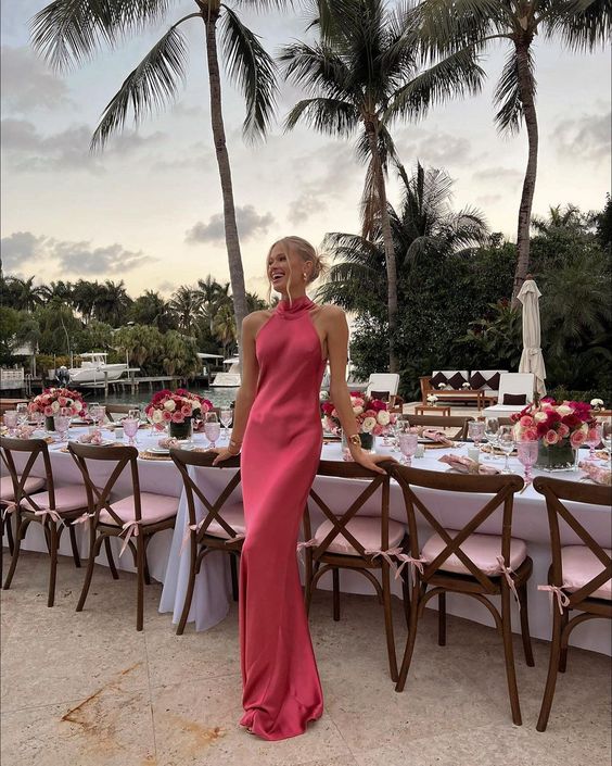 Simple Sheath Pink High Neckline Long Prom Dresses Evening Dress