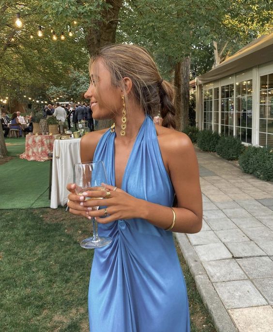 Simple Sheath Blue V Neckline Long Prom Dresses Evening Dress