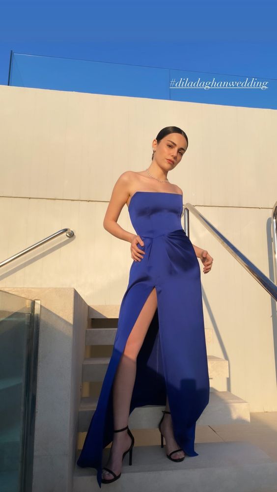 Sexy Sheath Strapless Royal Blue Slit Prom Dresses Evening Dress