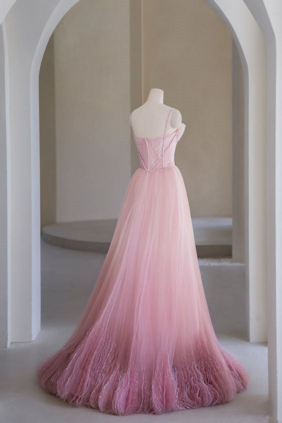 Princess A Line Pink Tulle Prom Dresses Long Evening Dress