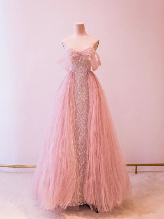 Princess Pink Tulle Prom Dresses Sequin Evening Dress