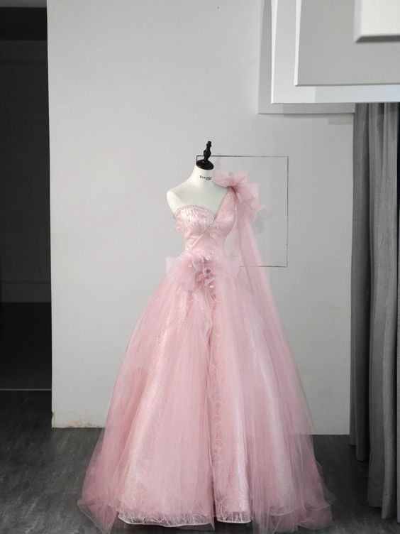 Ball Gown One Shoulder Pink Tulle Prom Dresses Evening Dress