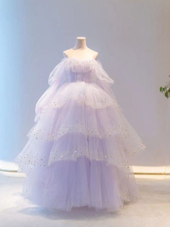 Ball Gown Off The Shoulder Tulle Lilac Prom Dresses Evening Dress