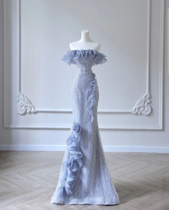 Mermaid Strapless Blue Sequin Prom Dresses Evening Dress