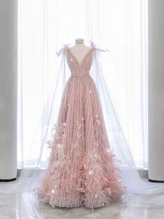 Fairy A line Sequin Pink Prom Dresses Evening Dress