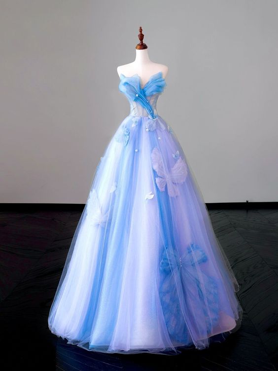 Fairy A line Strapless Blue Prom Dresses Evening Dress