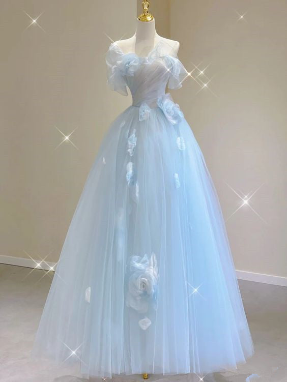 Fairy A line Blue Floral Prom Dresses Evening Dress