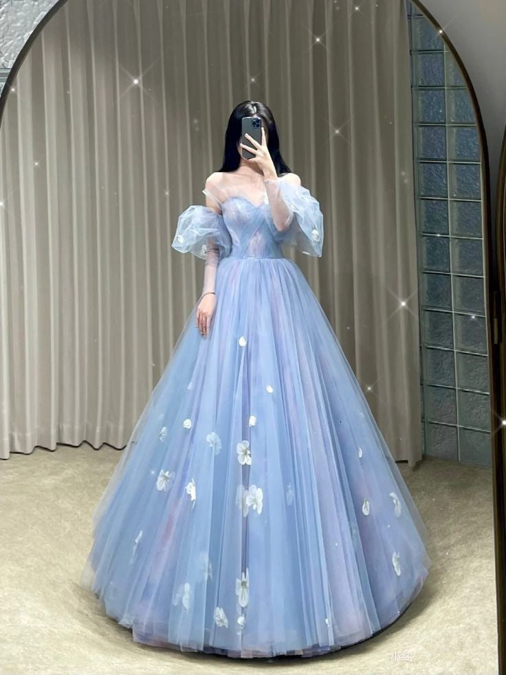 Fairy Ball Gown Blue Floral Tulle Prom Dresses Evening Dress