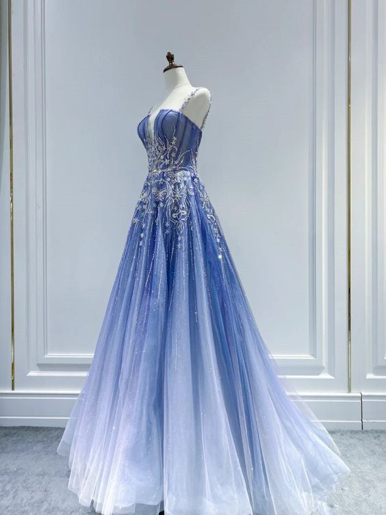 Fairy Ball Gown Ombre Blue Tulle Prom Dresses Evening Dress