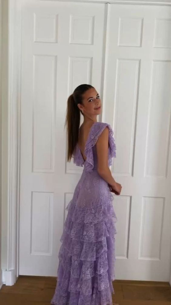 Lilac Lace Long prom Dress Party Dress 21th Birthday Outfits