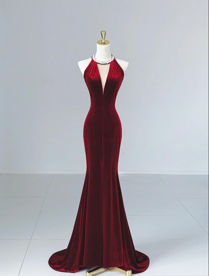 Modest Mermaid Scoop Neckline Burgundy Velvet Long Party Dress Prom Dress