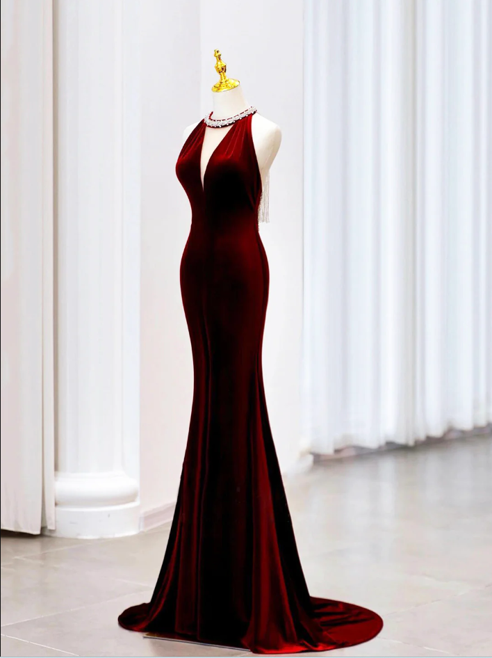 Modest Mermaid Scoop Neckline Burgundy Velvet Long Party Dress Prom Dress