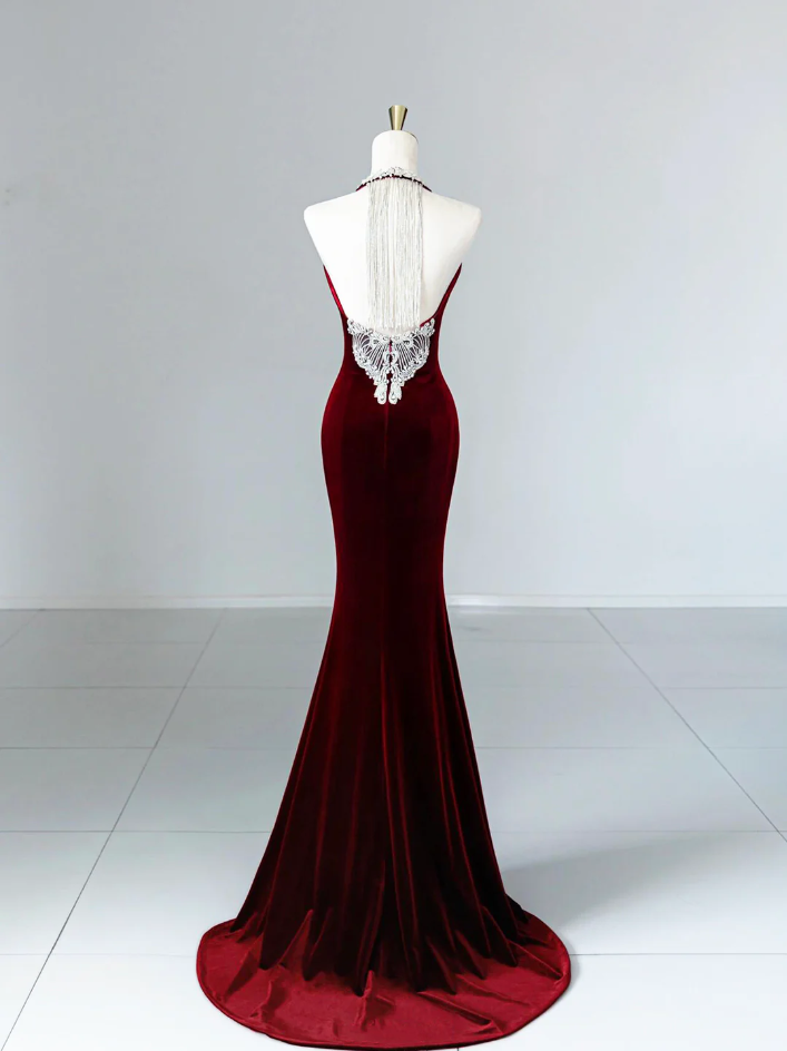 Modest Mermaid Scoop Neckline Burgundy Velvet Long Party Dress Prom Dress