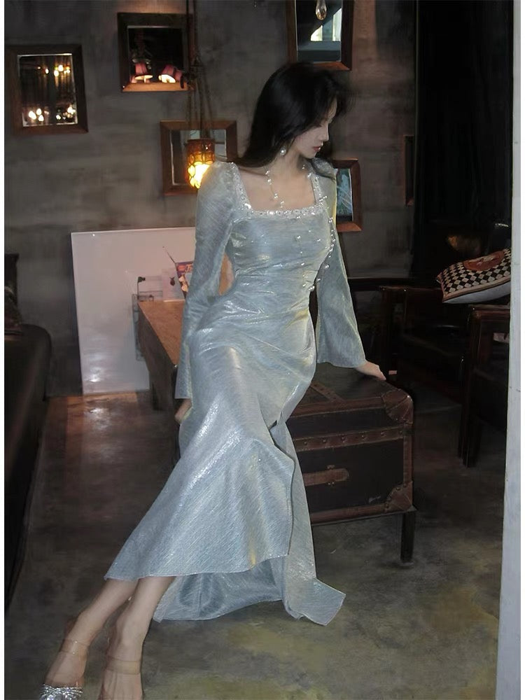 Classy Mermaid Square Neckline Long Sleeves Slit Prom Dresses Evening Gowns