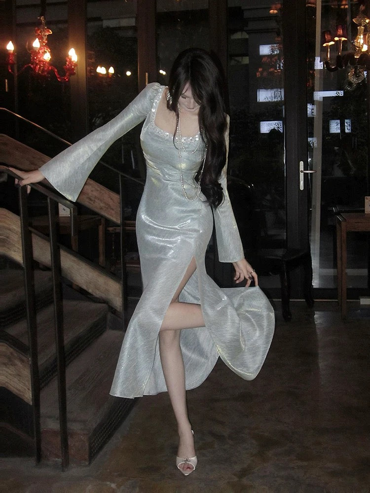 Classy Mermaid Square Neckline Long Sleeves Slit Prom Dresses Evening Gowns