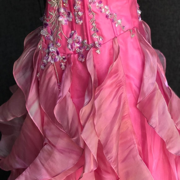 Chic Ball Gown Spaghetti Straps Pink Satin Evening Dress Long Prom Dresses With Embroidered
