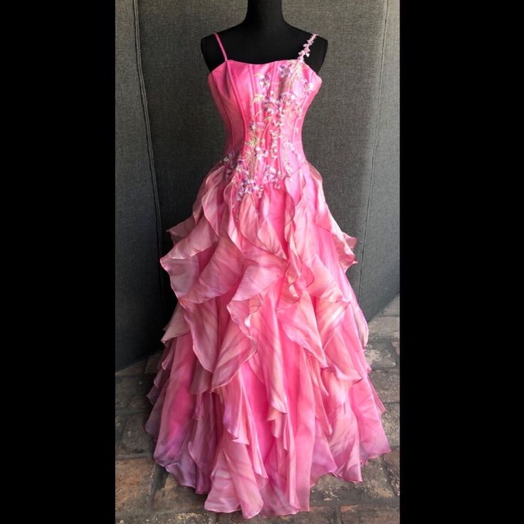Chic Ball Gown Spaghetti Straps Pink Satin Evening Dress Long Prom Dresses With Embroidered