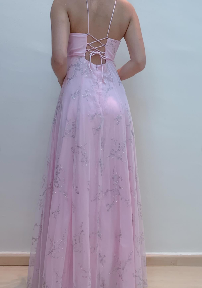 Chic A line V Neckline Pink Chiffon Evening Dress Long Prom Dresses