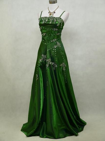 Chic A line Spaghetti Straps Green Satin Evening Dress Long Prom Dresses