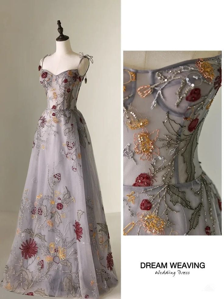 Chic A Line Spaghetti Straps Flowers Tulle Evening Dress Long Prom Dresses