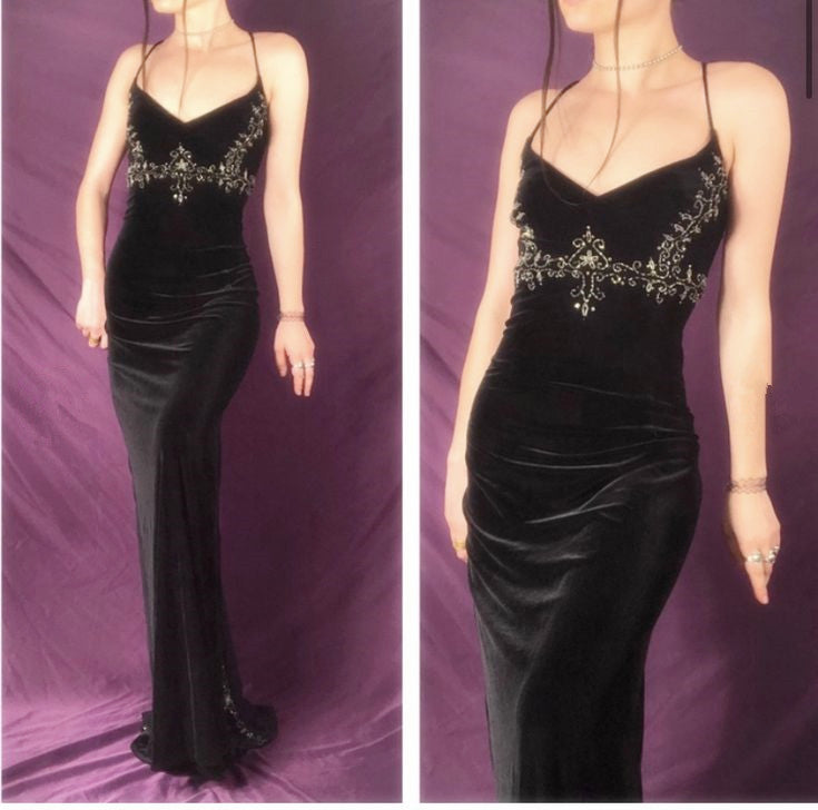 Pretty Mermaid Spaghetti Straps Black Floor Length Evening Dress Velvet Prom Dresses