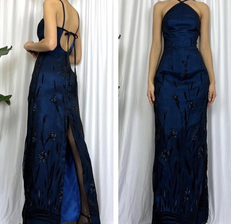 Pretty A line Halter Navy Blue Floor Length Evening Dress Tulle Prom Dresses With Embroidered
